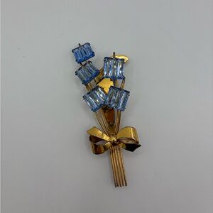Antique sterling Gold Bow Bouquet Brooch with Light Blue Crystals